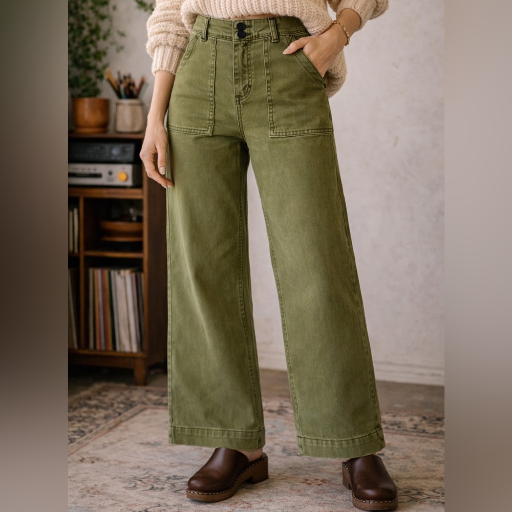 Flamingo Olive Green Wide Leg‎ Pants Large High Rise Utility Indie Sleeze Boho